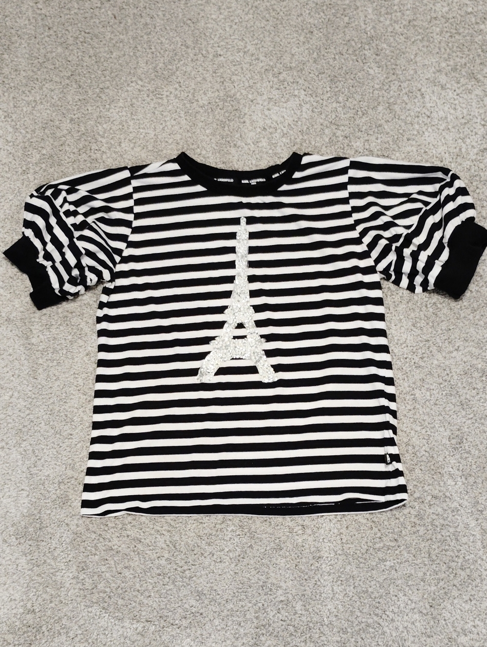 Karl Lagerfeld Black & White Striped Short Sleeve Tee with Raised Eiffel Tower